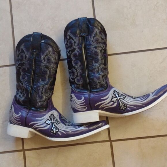 Aguila Real Botas Vaquera Boot leather Point toe western silver cross purple - Picture 11 of 16